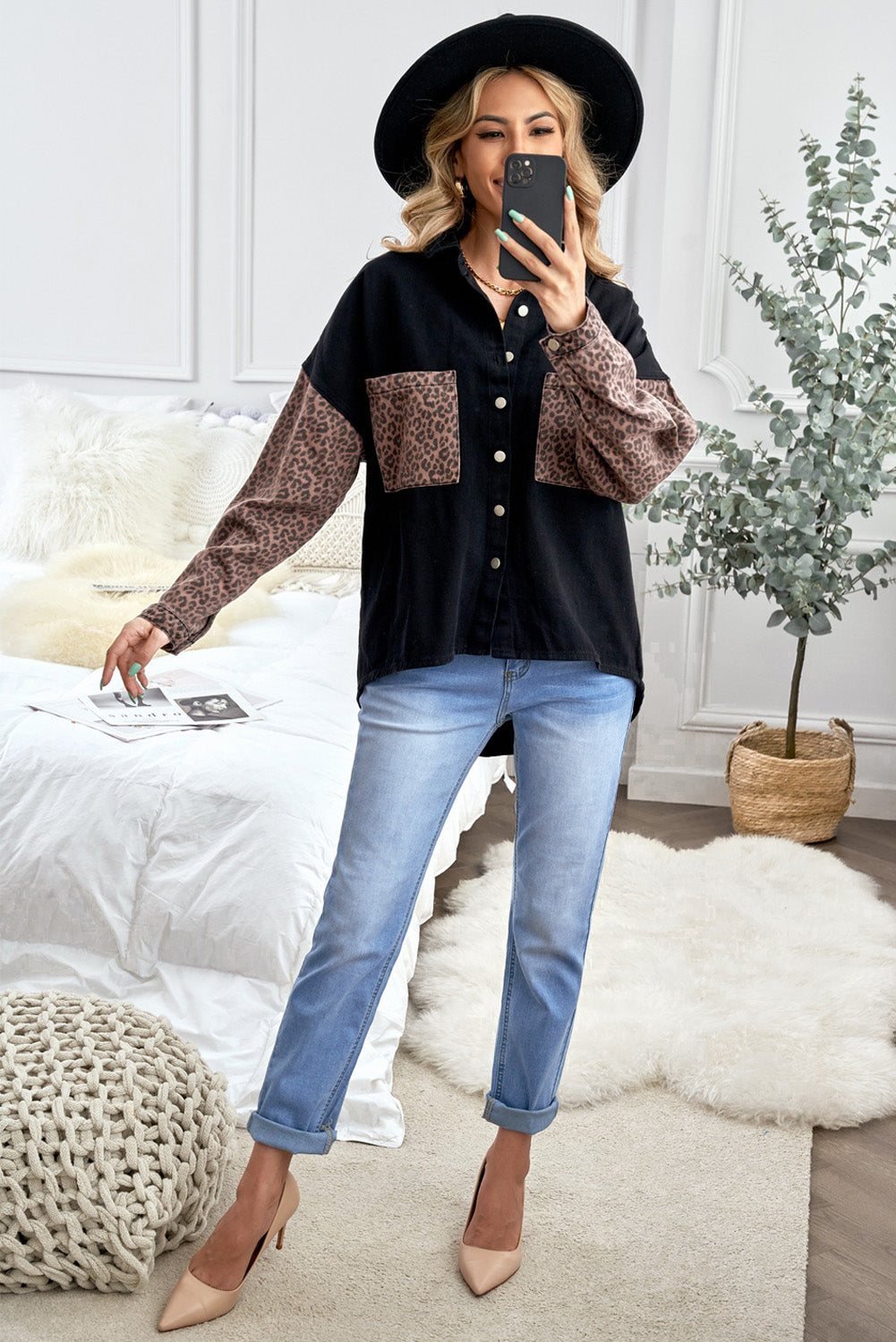 Black Contrast Leopard Denim Jacket