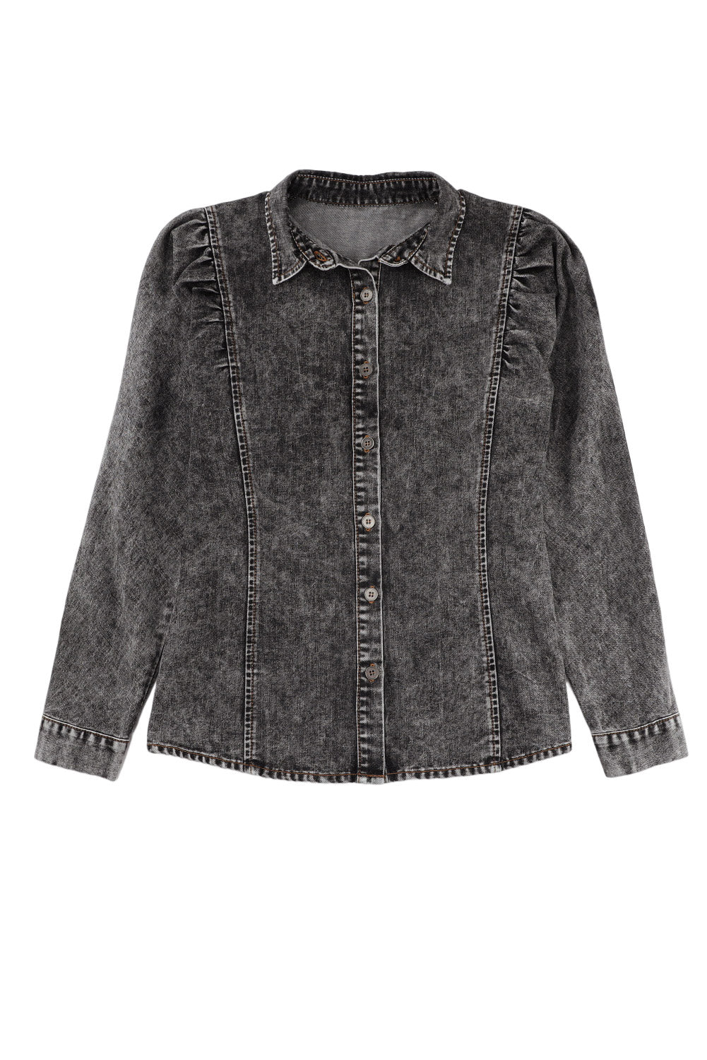 Black Puff Sleeve Button-Up Denim Jacket