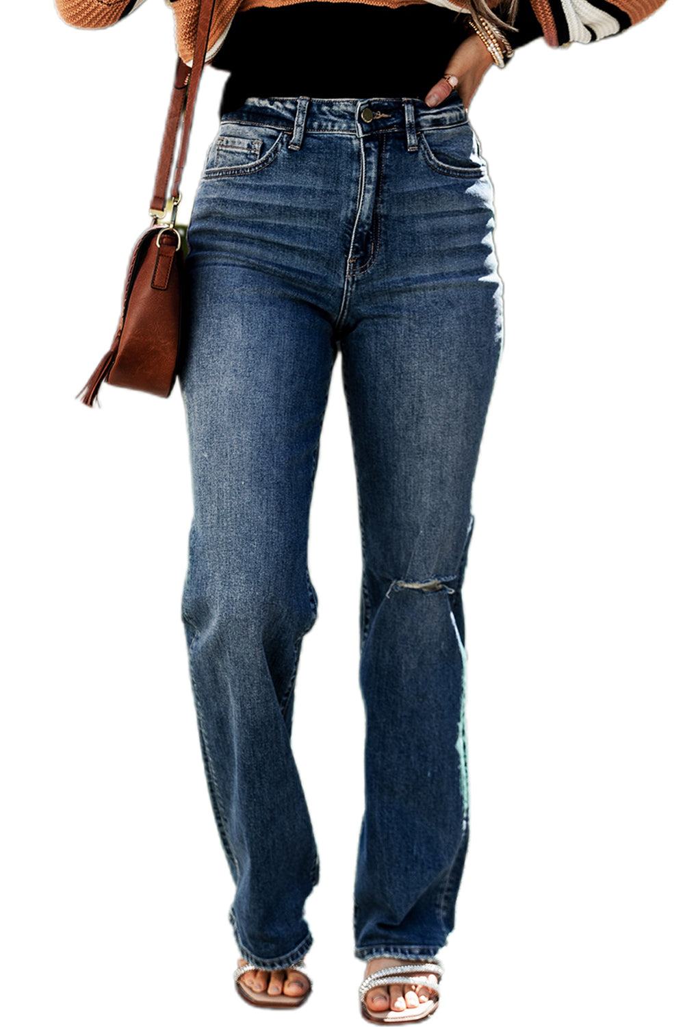 Dark Blue Medium Wash Ripped Straight Leg Jeans