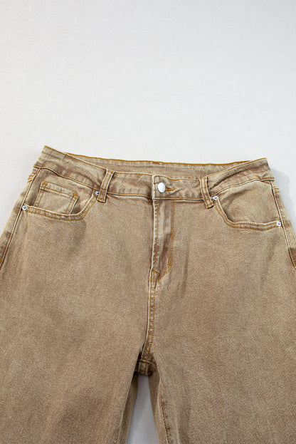 Light French Beige Acid Washed High Rise Cropped Wide Leg Jeans