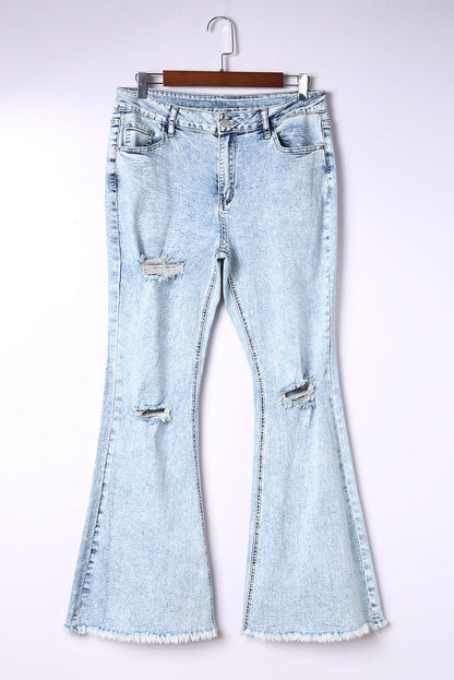 Sky Blue Distressed Acid Wash Flare Jeans