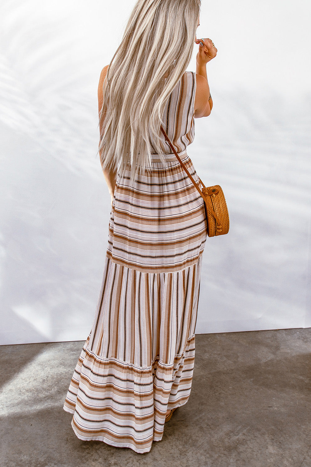 Khaki Striped V Neck Sleeveless Maxi Dress with Tie