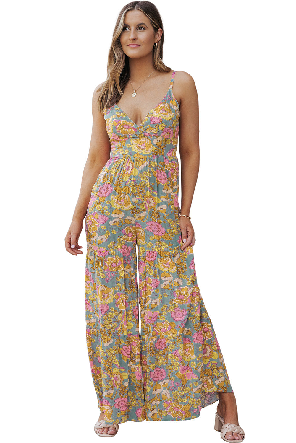 Sky Blue Adjustable Straps Floral Tiered Wide Leg Jumpsuit