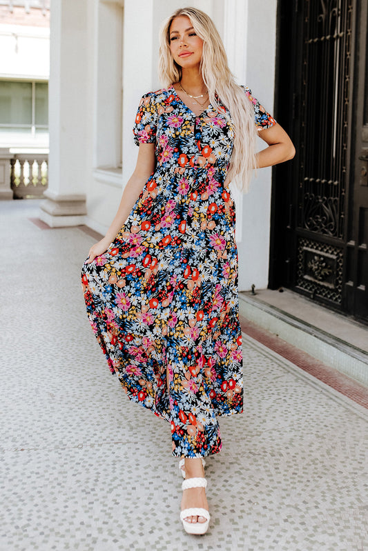 Black Short Sleeve Boho Floral Pattern Tiered Maxi Dress