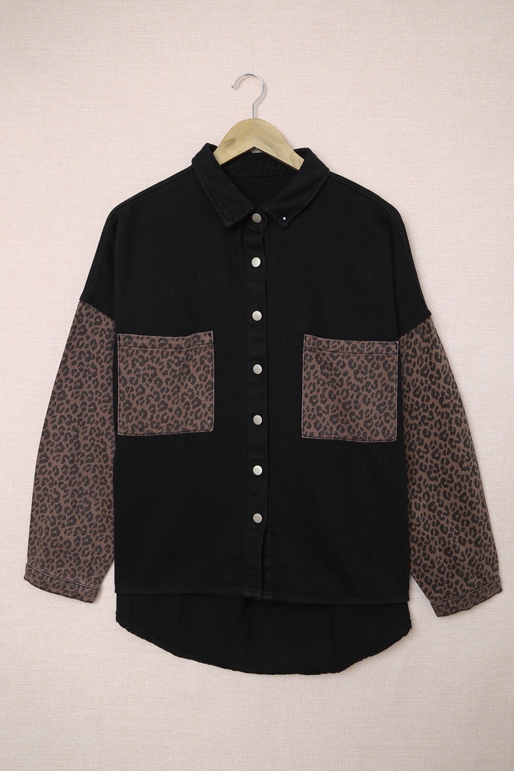 Black Contrast Leopard Denim Jacket