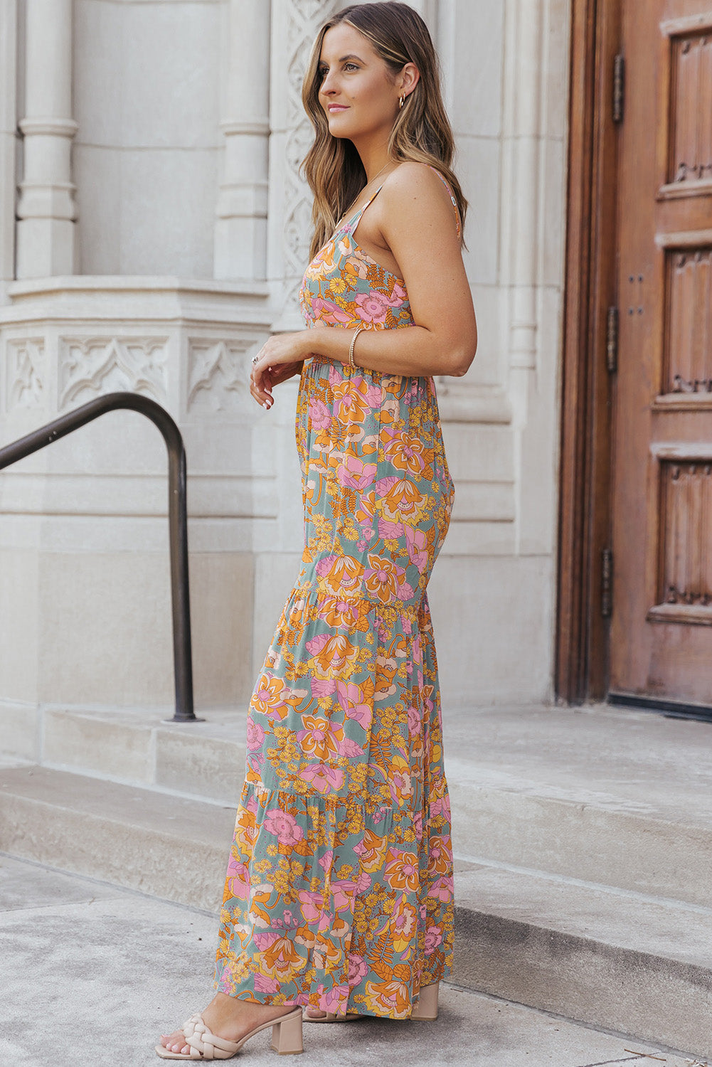 Sky Blue Adjustable Straps Floral Tiered Wide Leg Jumpsuit