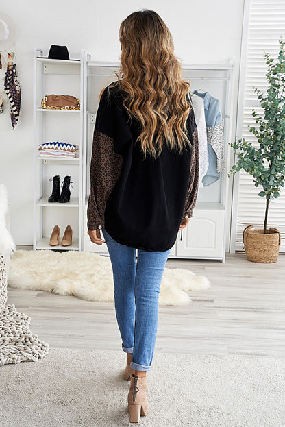 Black Contrast Leopard Denim Jacket