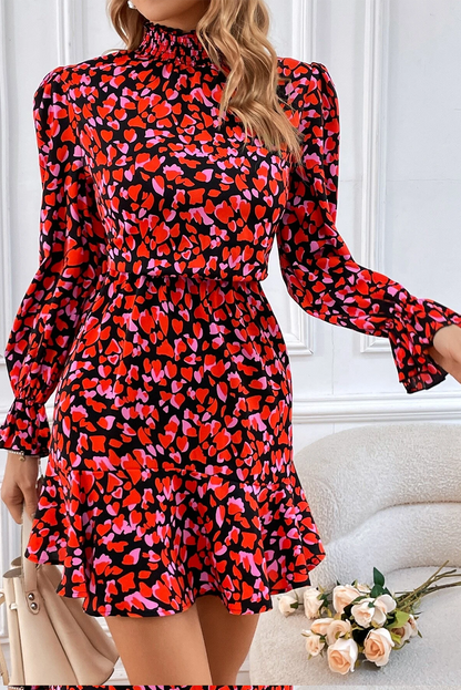 Red Valentines Day Heart Shape Print Long Sleeve Mini Dress