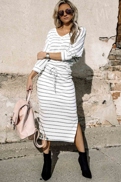 White Striped V Neck Top and Side Slits Skirt Set