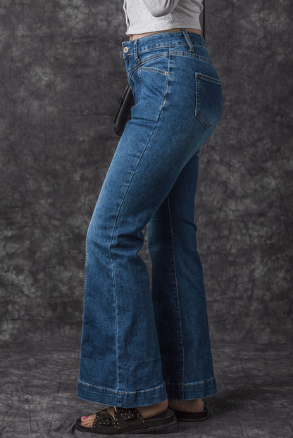 Blue High Waist Seam Stitching Pocket Flare Jeans