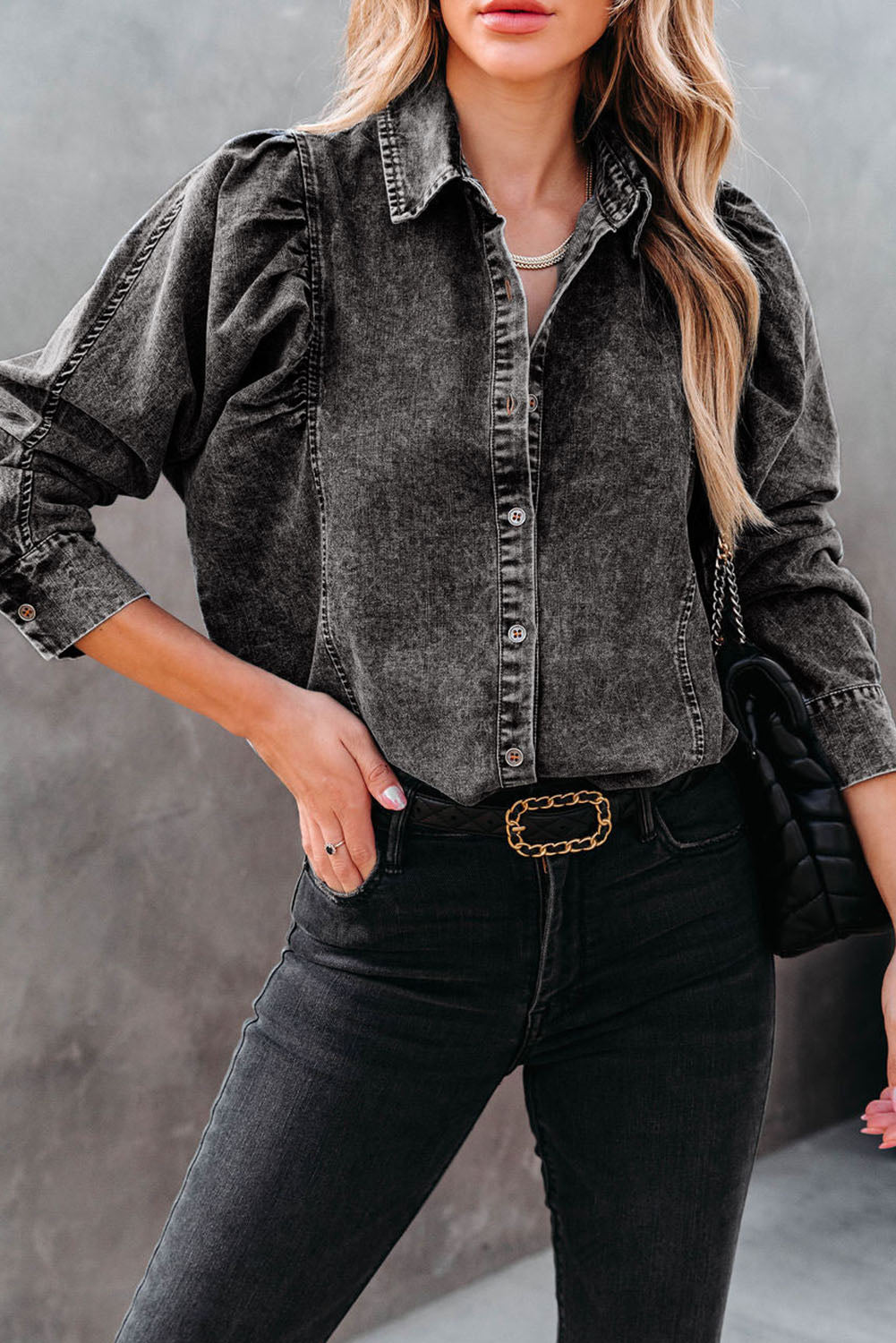 Black Puff Sleeve Button-Up Denim Jacket