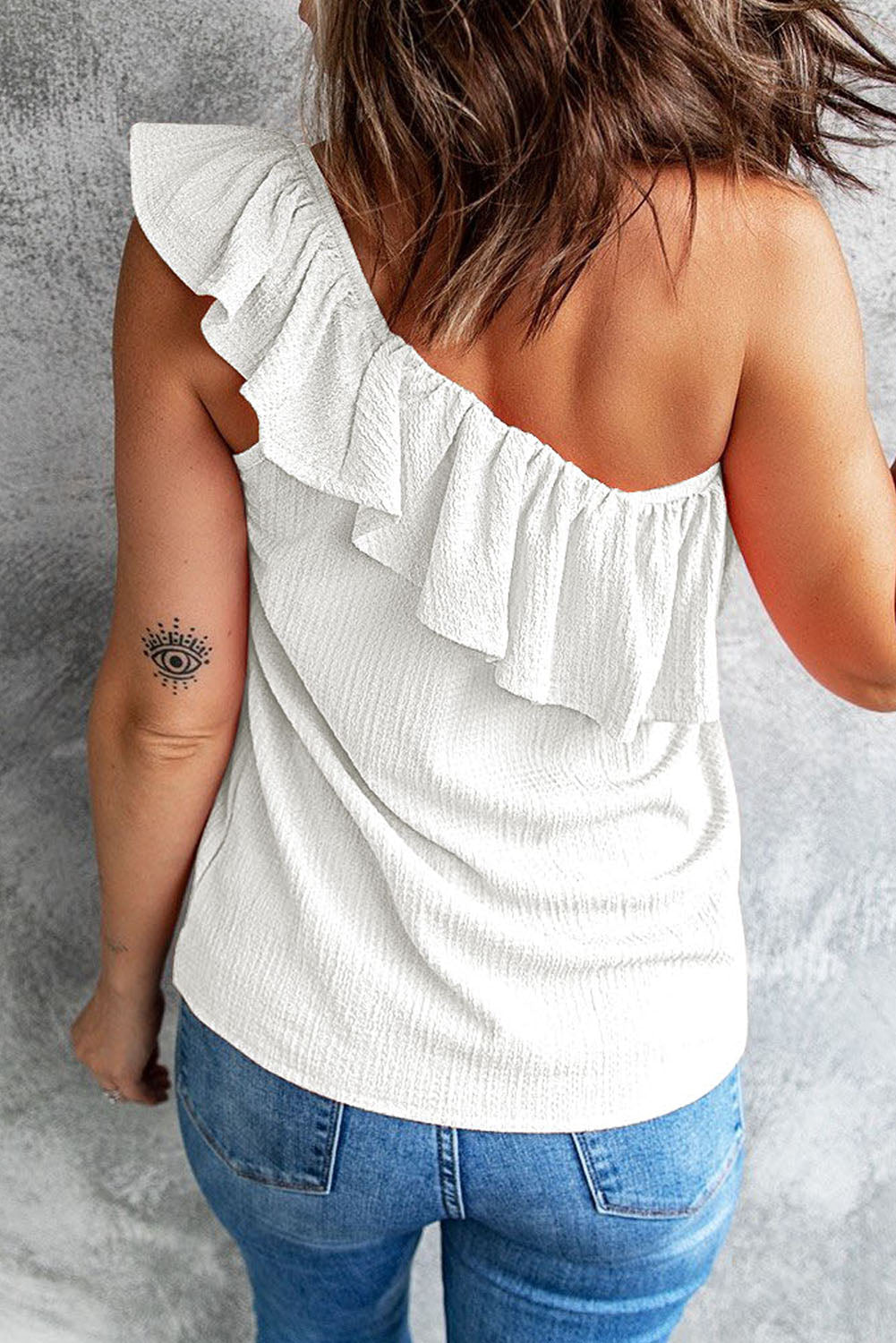 White Ruffle One Shoulder Crinkle Tank