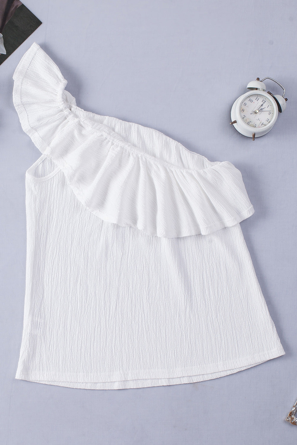 White Ruffle One Shoulder Crinkle Tank