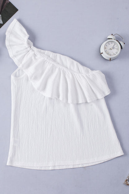 White Ruffle One Shoulder Crinkle Tank