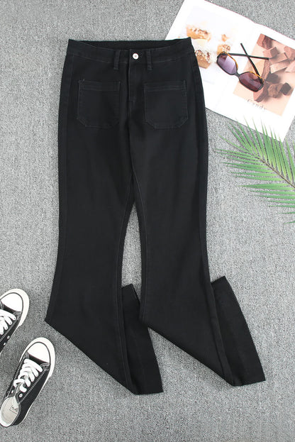 Black Vintage Casual Pocket Flared Jeans