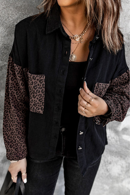 Black Contrast Leopard Denim Jacket