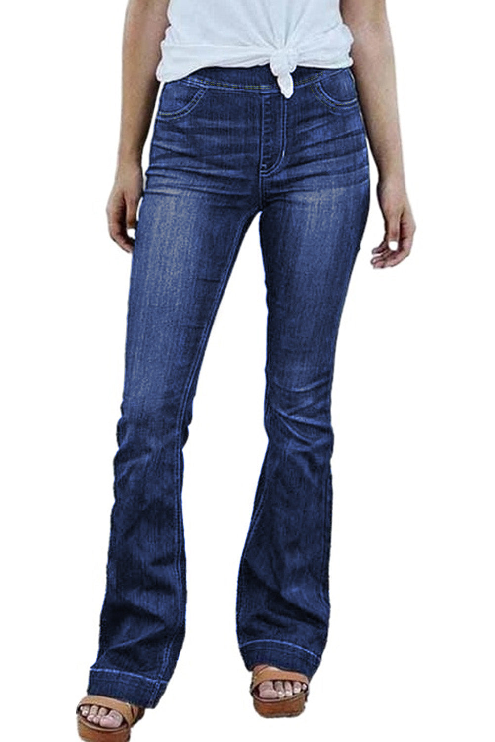 Blue High Rise Elastic Waist Flare Jeans