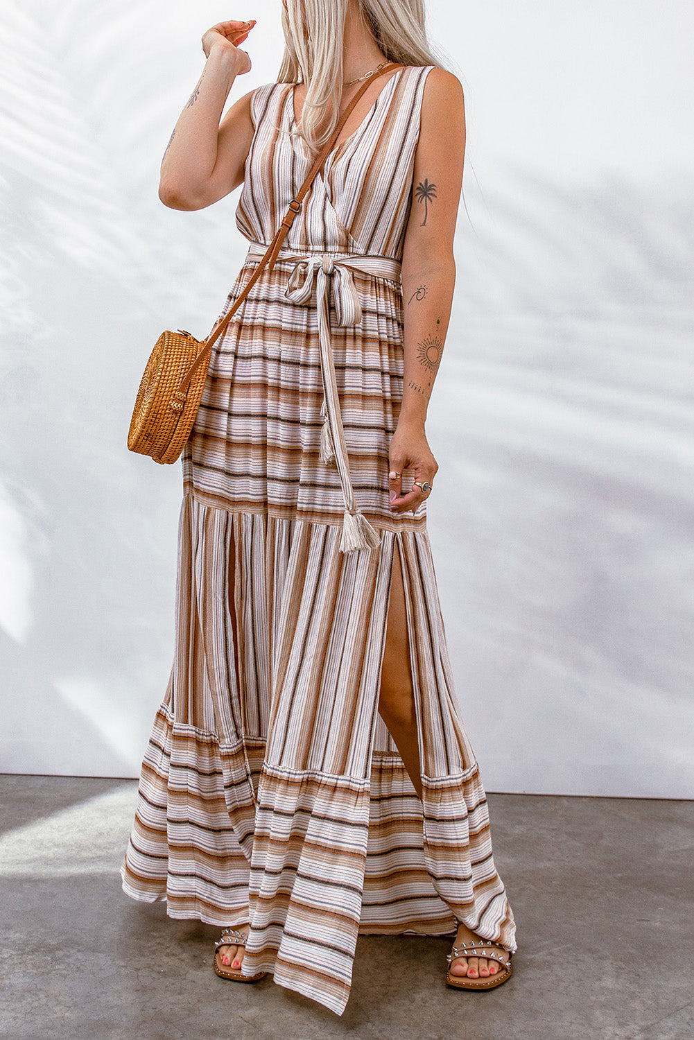 Khaki Striped V Neck Sleeveless Maxi Dress with Tie