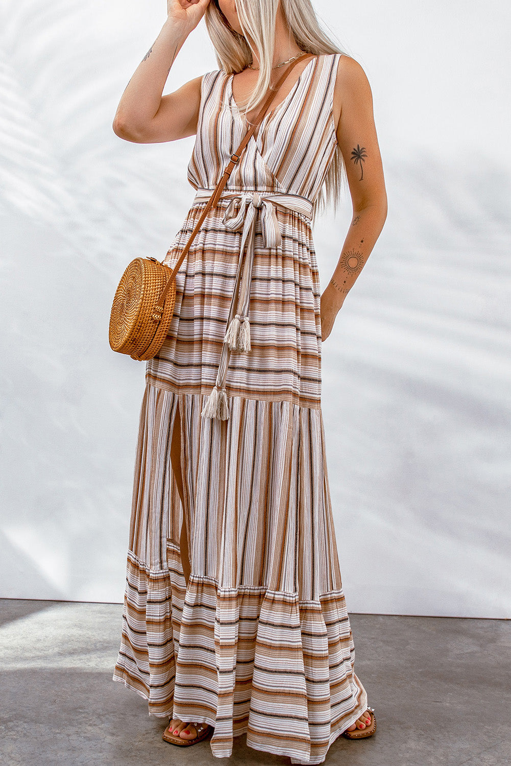 Khaki Striped V Neck Sleeveless Maxi Dress with Tie