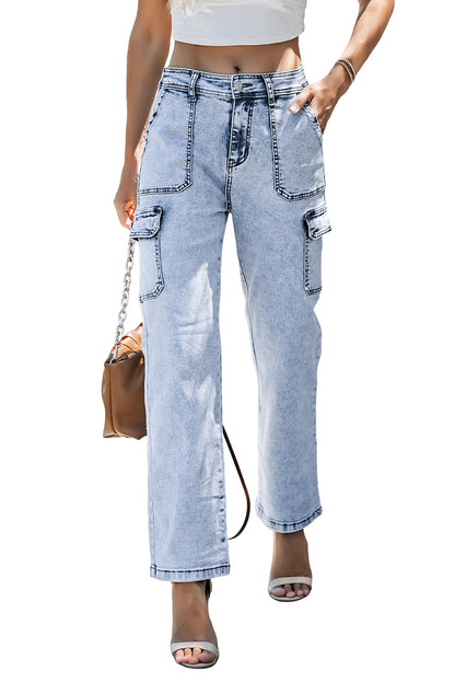 Sky Blue High Waist Wide Leg Cargo Jeans