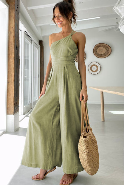 Green Asymmetric Thin Straps One-shoulder Wide Leg Jumpsuit