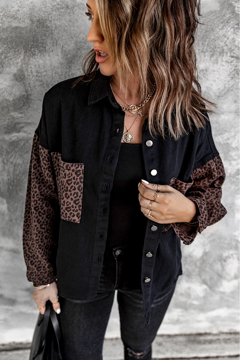 Black Contrast Leopard Denim Jacket