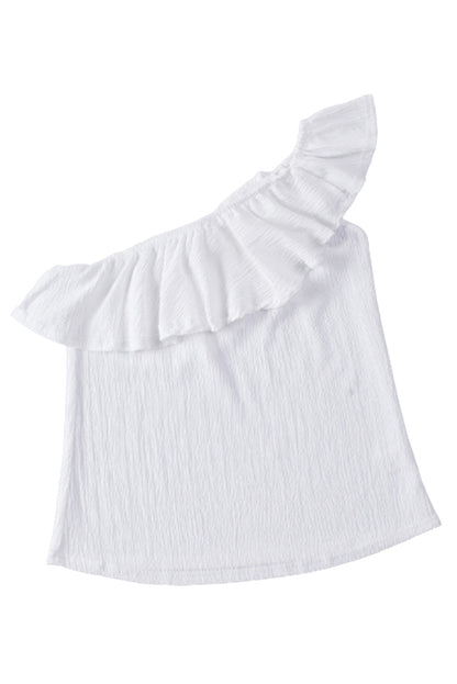 White Ruffle One Shoulder Crinkle Tank