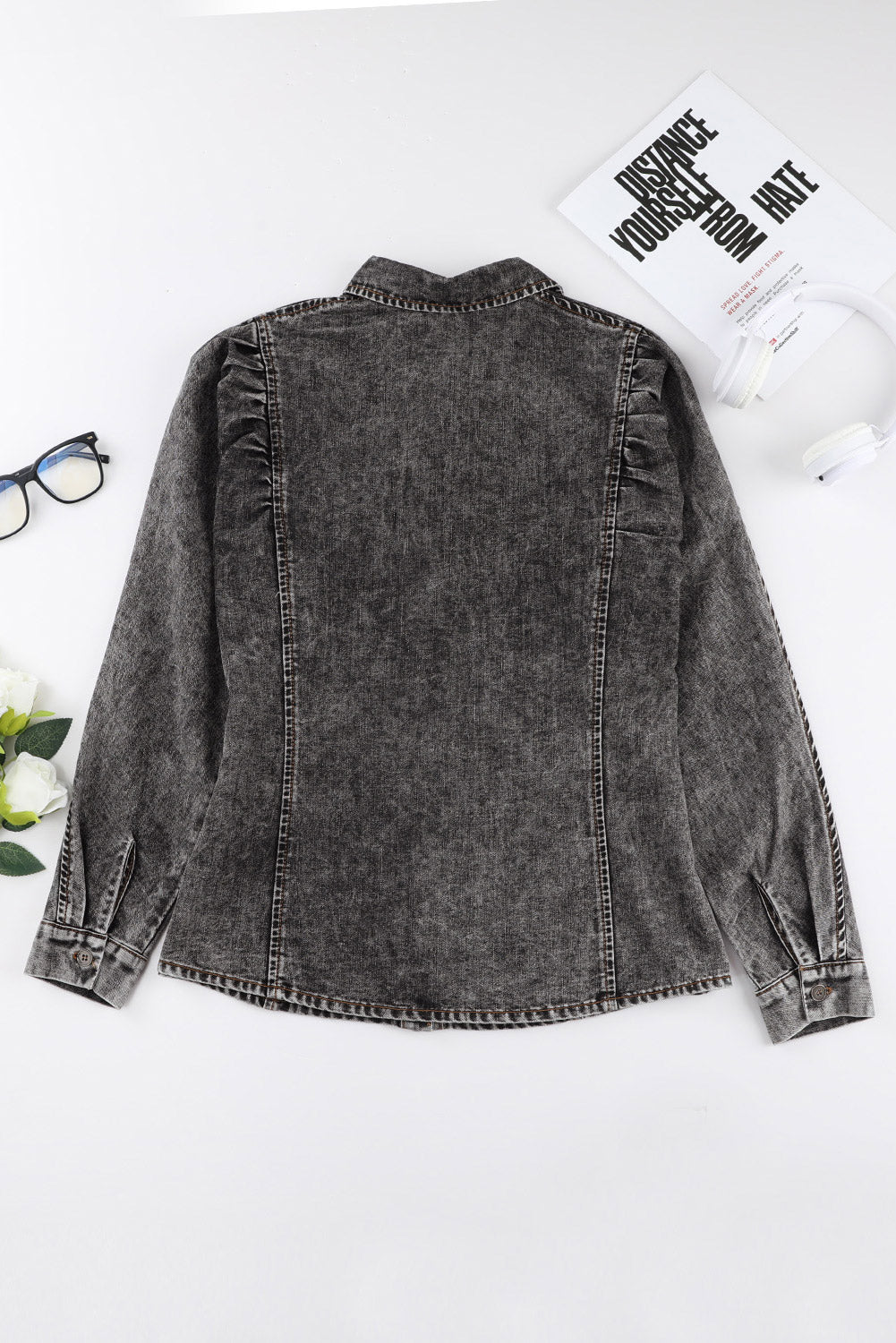 Black Puff Sleeve Button-Up Denim Jacket