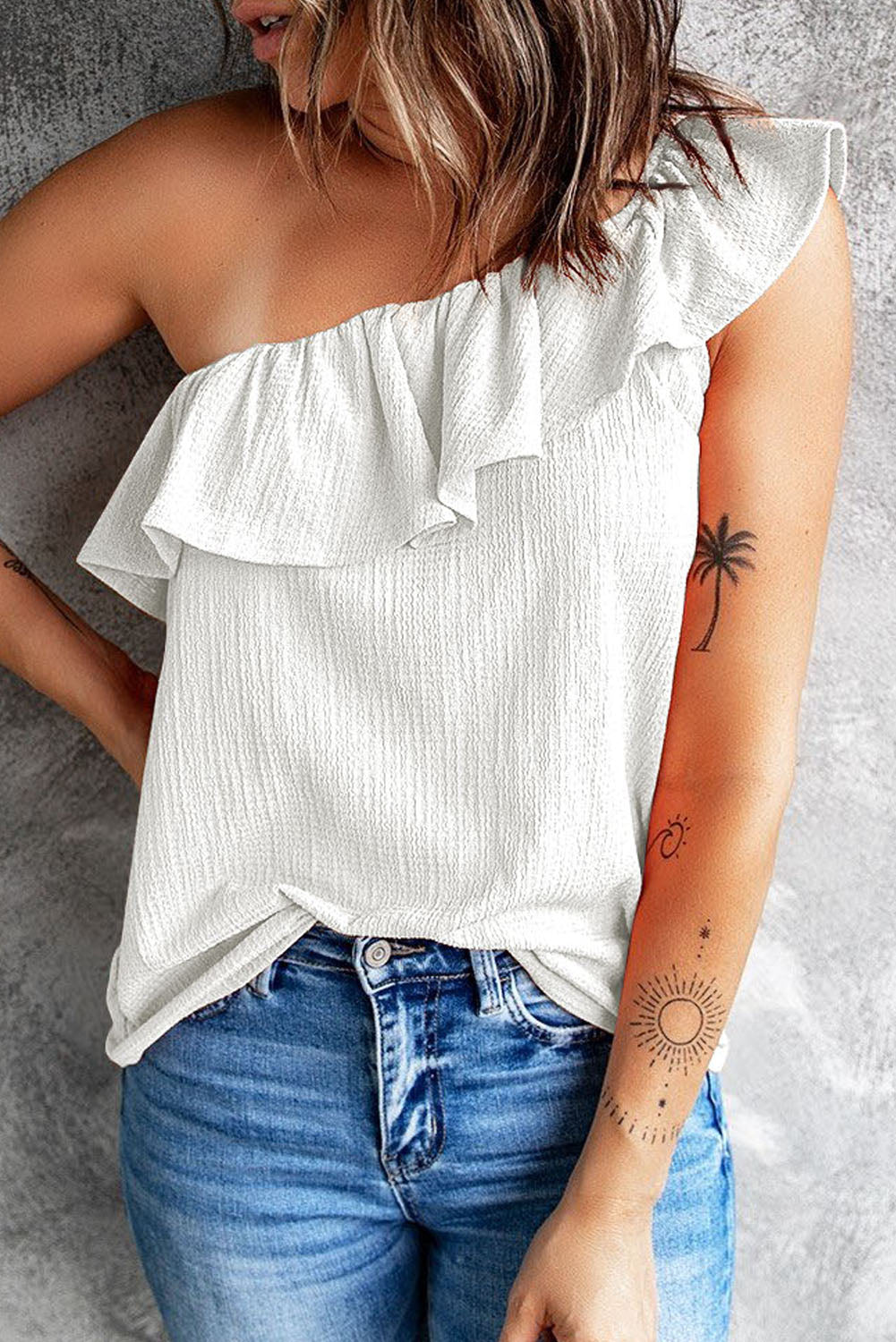 White Ruffle One Shoulder Crinkle Tank