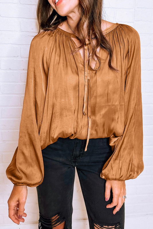 Camel Satin Pleated Tied V Neck Puff Sleeve Blouse