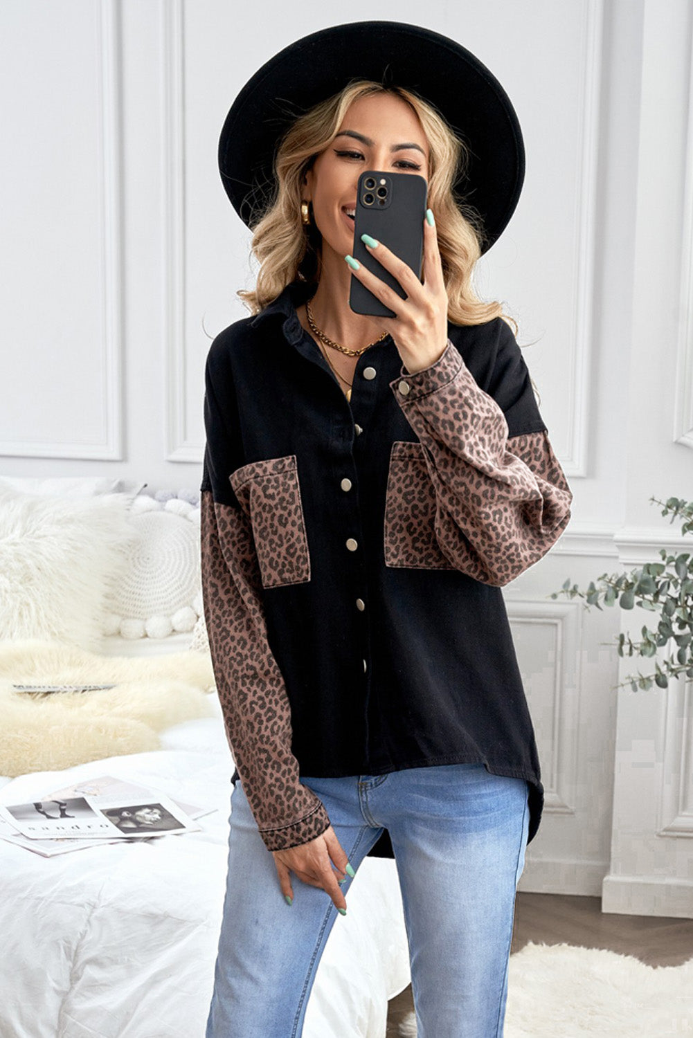 Black Contrast Leopard Denim Jacket