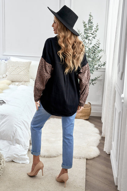 Black Contrast Leopard Denim Jacket