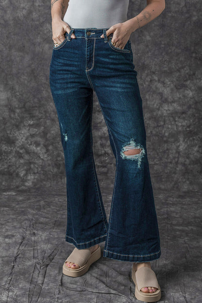 Real Teal High Rise Ripped Bell Bottom Jeans