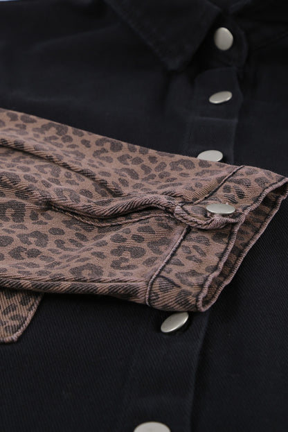 Black Contrast Leopard Denim Jacket