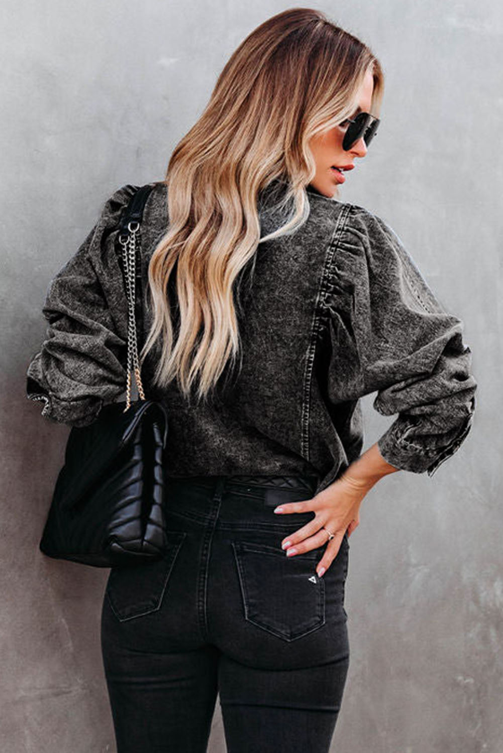 Black Puff Sleeve Button-Up Denim Jacket