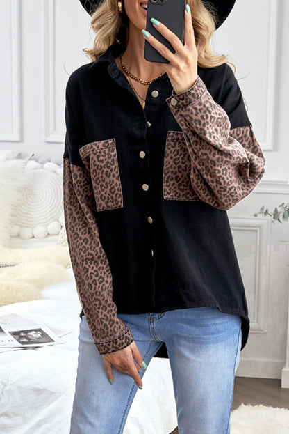 Black Contrast Leopard Denim Jacket