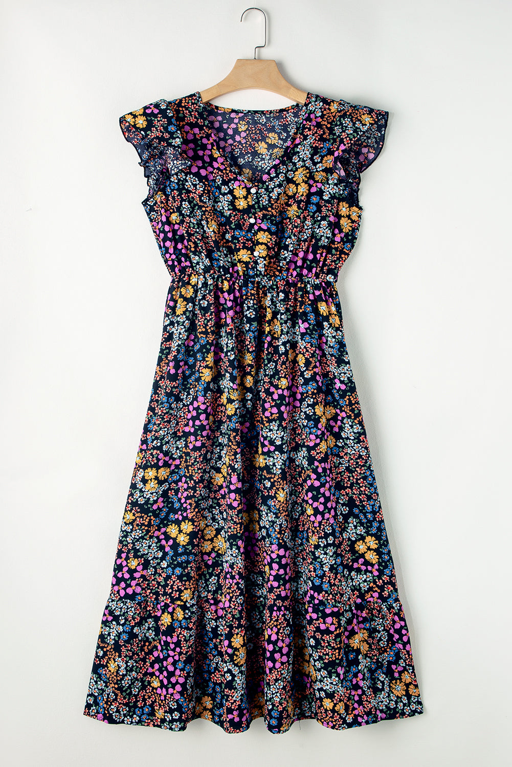 ชุดเดรส Midi Dress คอวีแขนยาวลายดอกไม้สีดำ