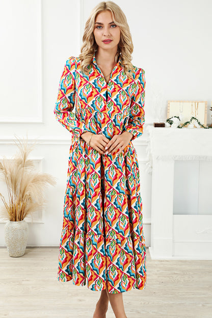 Multicolor Abstract Geometric Print Long Sleeve High Waist Dress