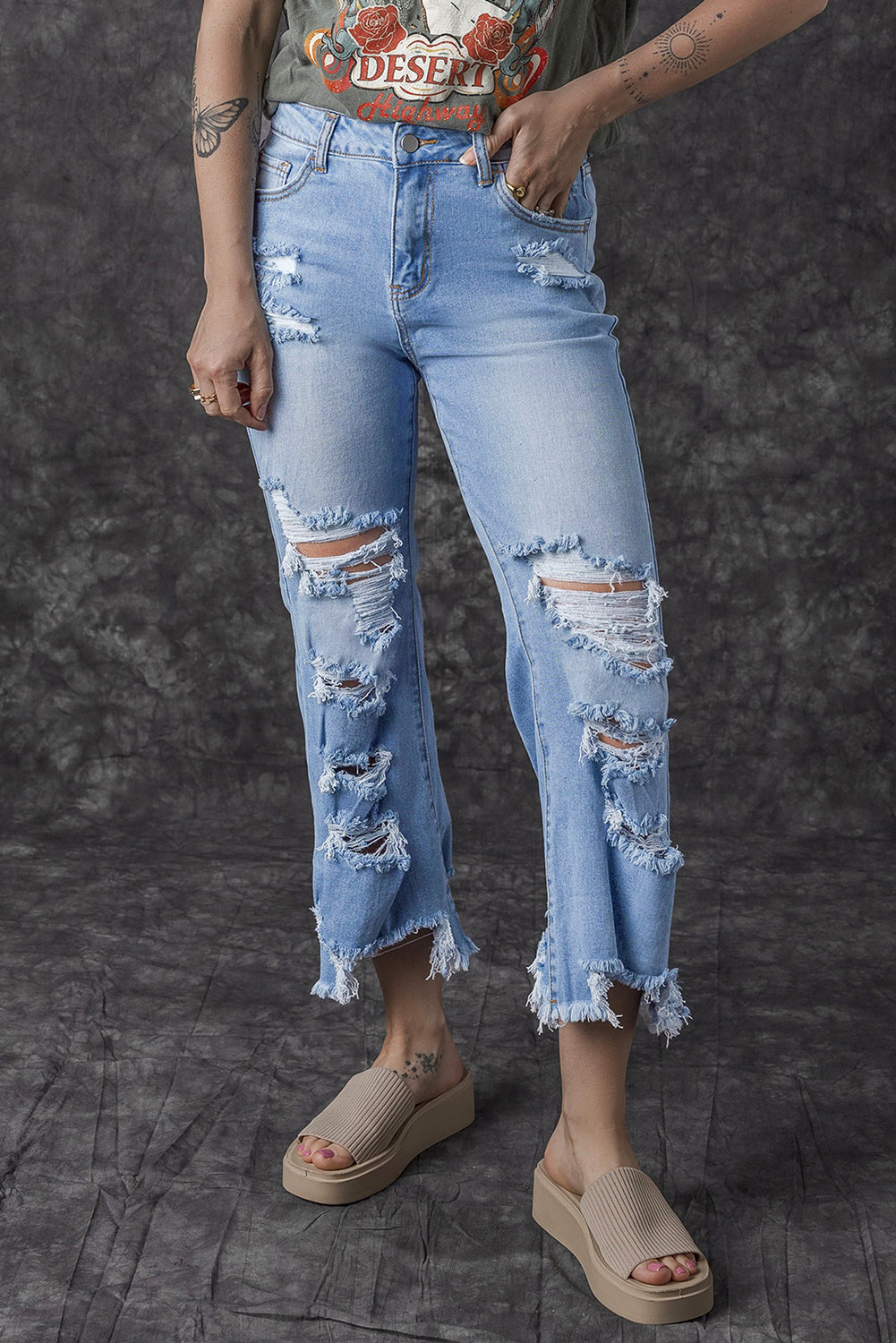 Sky Blue Heavy Destroyed High Waist Jeans