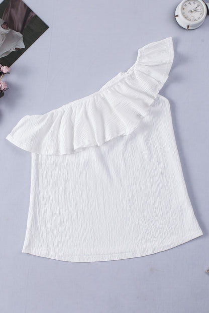 White Ruffle One Shoulder Crinkle Tank