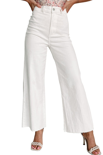 กางเกงยีนส์ Solid Raw Hem ขากว้างสีขาว 