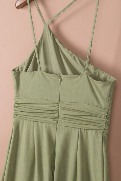 Green Asymmetric Thin Straps One-shoulder Wide Leg Jumpsuit